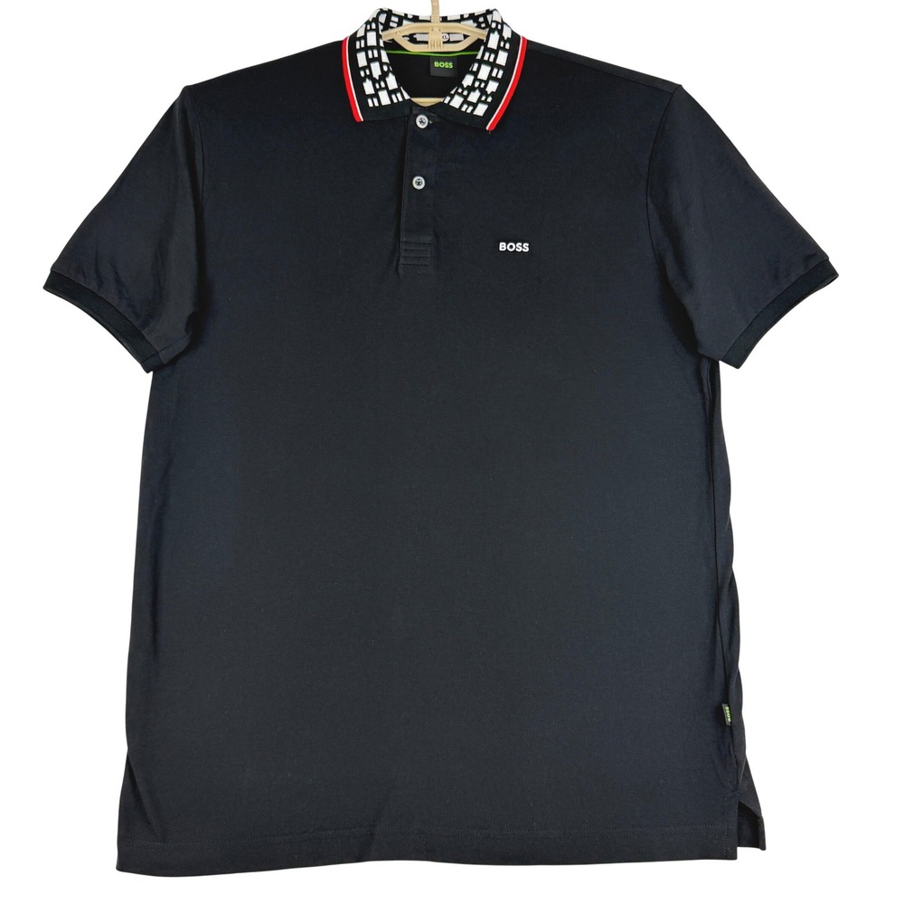 BOSS Hugo Boss Mens XL Black Polo Shirt Geometric Collar Regular Fit Cotton NWOT